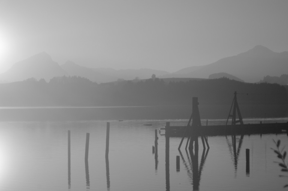 SeeSzene im Gegenlicht (mit Holzbeinen)